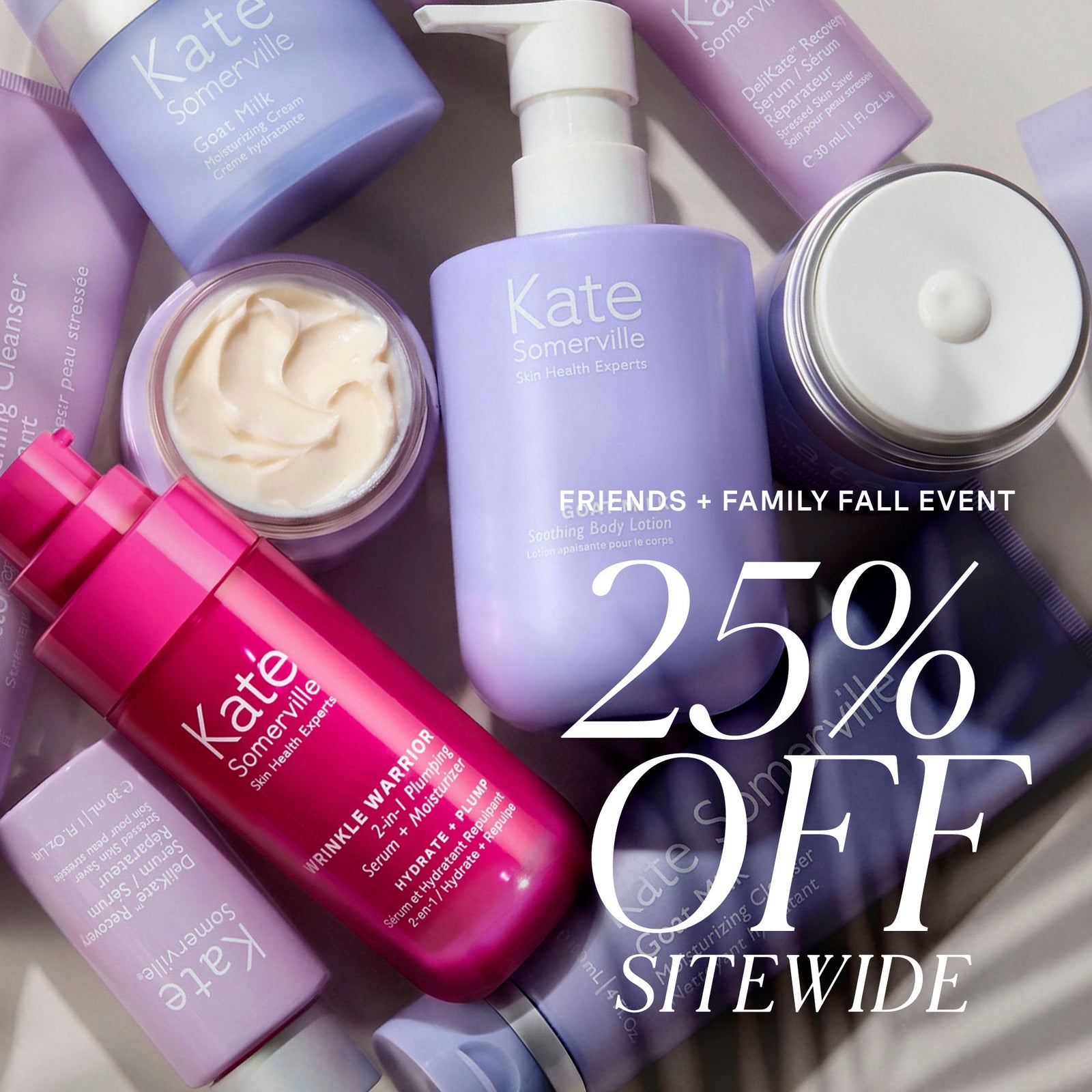 Kate Somerville skincare products arranged in a flat lay, including a lavender pump bottle of body lotion, a pink bottle of triple moisturizer, and other purple and lavender containers, with promotional text reading '25% OFF SITEWIDE' and 'FRIENDS + FAMILY FALL EVENT'.