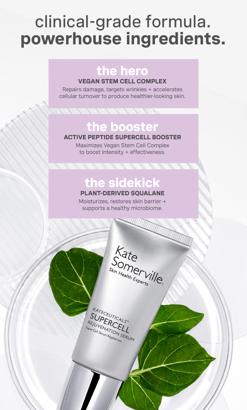 clinical-grade formula. powerhouse ingredients. the hero: vegan stem cell complex. repairs damage, targets wrinkles + accelerates cellular turnover to produce healthier-looking skin. the booster: active peptide supercell booster. maximizes vegan stem cell complex to boost intensity + effectiveness. the sidekick: plant-derived squalane. moisturizes, restores skin barrier + supports a health microbiome.