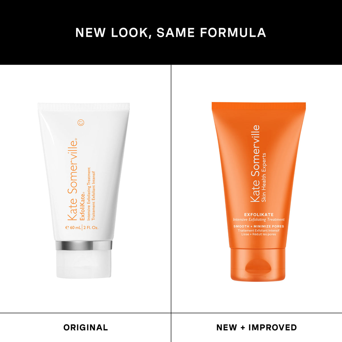 ExfoliKate Intensive new orange tube next to the original white tube: new look, same formula