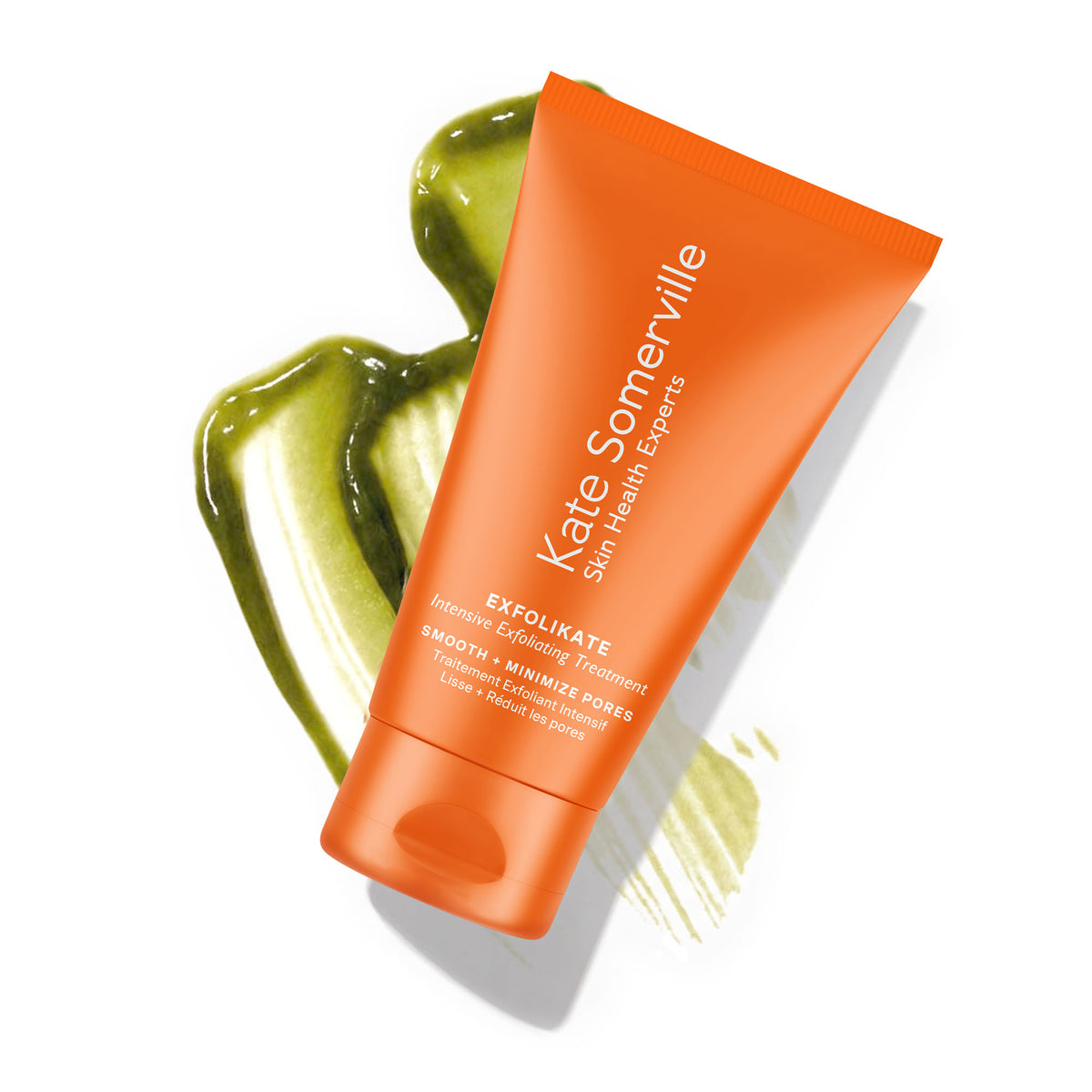 ExfoliKate Intensive Exfoliating Treatment tube with a swatch of its green scrub texture